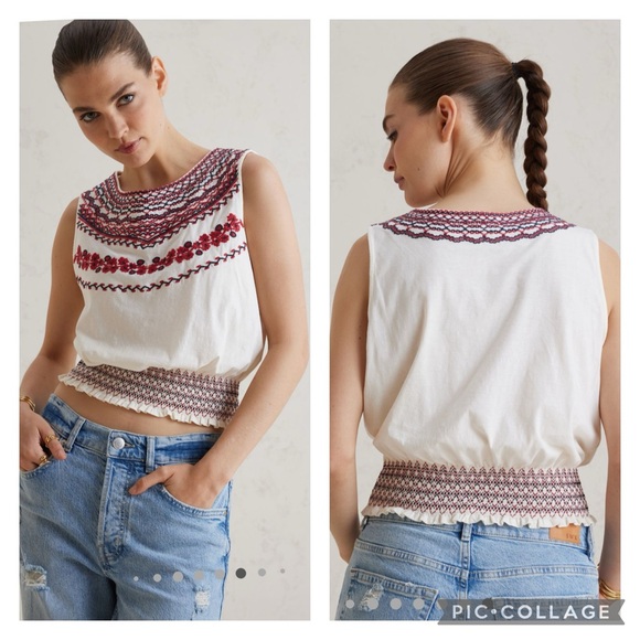 Anthropologie Tops - Anthropologie Tiny Linni Smocked White Embroidered Cotton Top Size Medium NWT